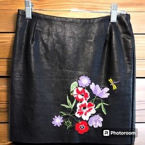 H&M Black Faux Leather Skirt with Floral Embroidery